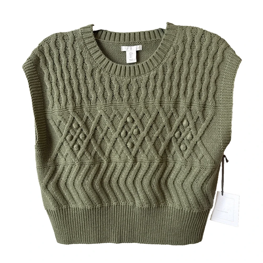 Pure Collection US NWT‎ Women’s L Preppy Sleeveless Crop Cable Knit Sweater Vest
